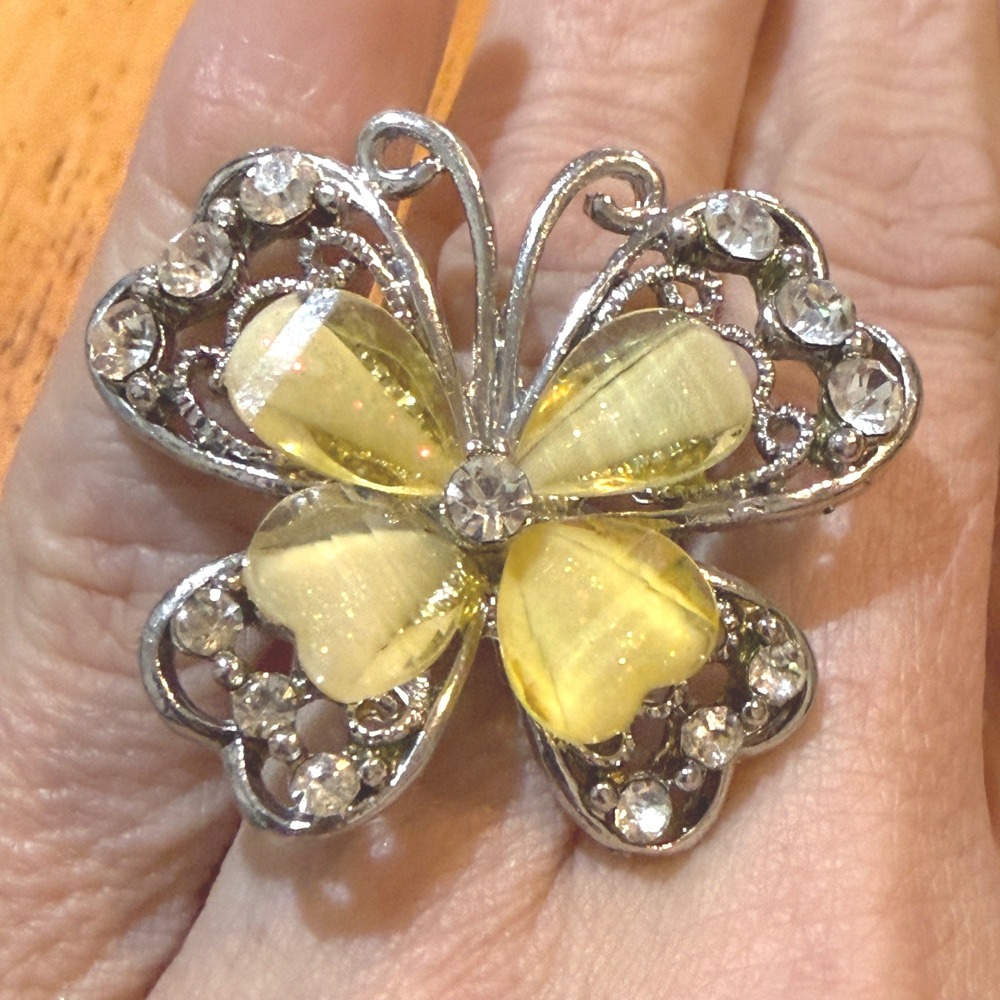 Vintage Yellow Butterfly Cocktail Ring Silver Tone Rhinestone Adjustable Band
